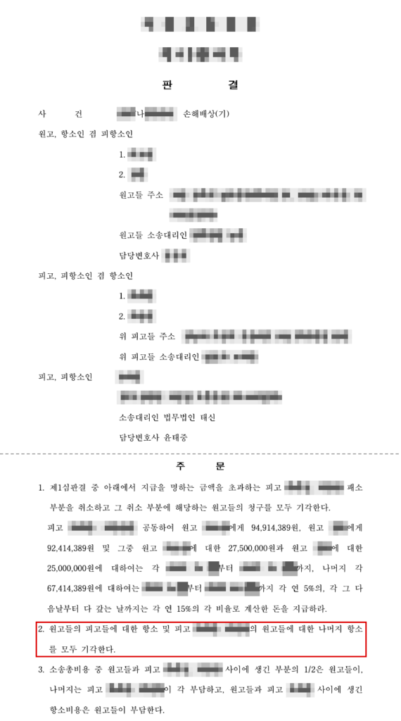 주치의에 대한 청구 전부 기각 유지(항소심 청구 약 2억 2,900만 원 100% 방어) 판결문(개인정보 가림 처리)