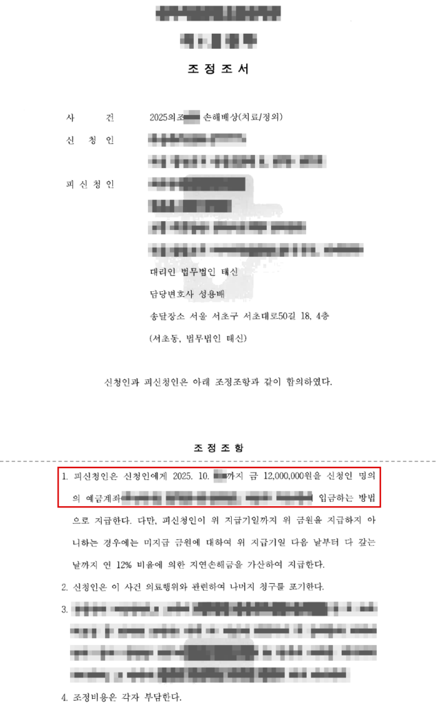 조정신청액 약 3억 6,650만 원 중 1,200만 원으로 조정 성립(신청액의 약 96.7% 방어) 결정문(개인정보 가림 처리)