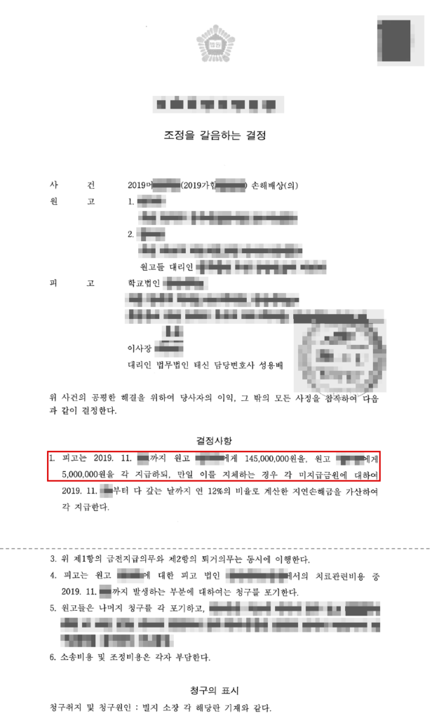 청구 약 3억 원 → 강제조정 1억 5천만 원(청구액의 약 50% 방어) 결정문(개인정보 가림 처리)