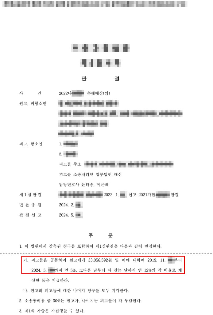 감축된 청구 약 7,500만 원 중 약 3,300만 원 인정(병원 책임 20%, 청구액의 약 56% 방어) — 1심 인용액 약 2억 8,400만 원에서 변경, 확 판결문(개인정보 가림 처리)