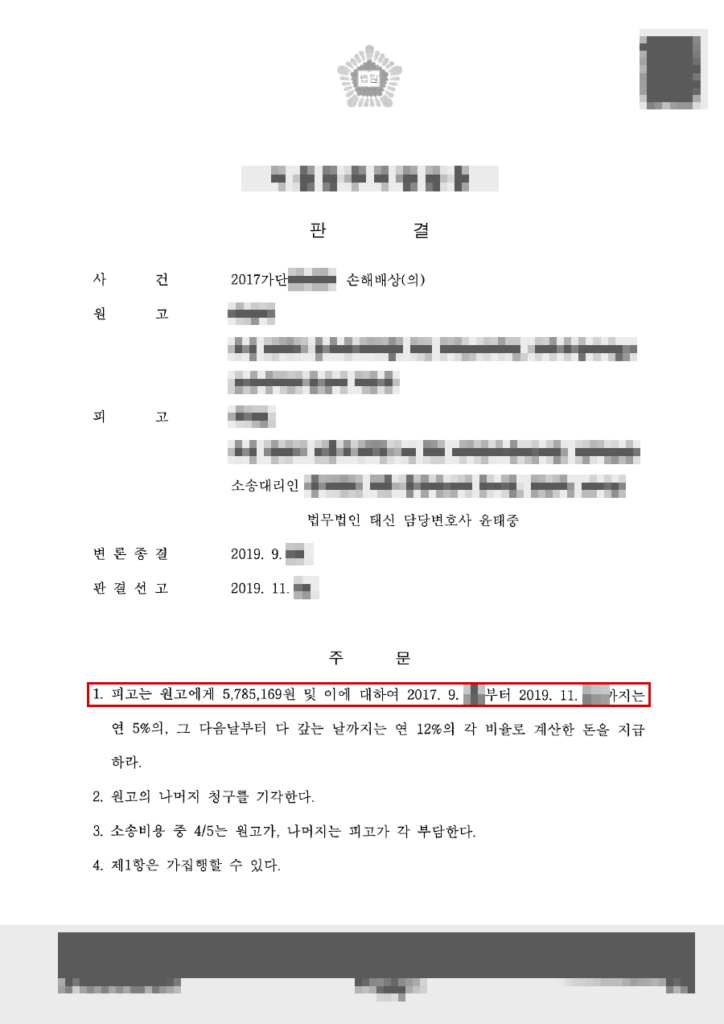청구 약 2,702만 원 중 약 579만 원 인정(책임 30%) — 청구액의 약 79% 방어 판결문(개인정보 가림 처리)
