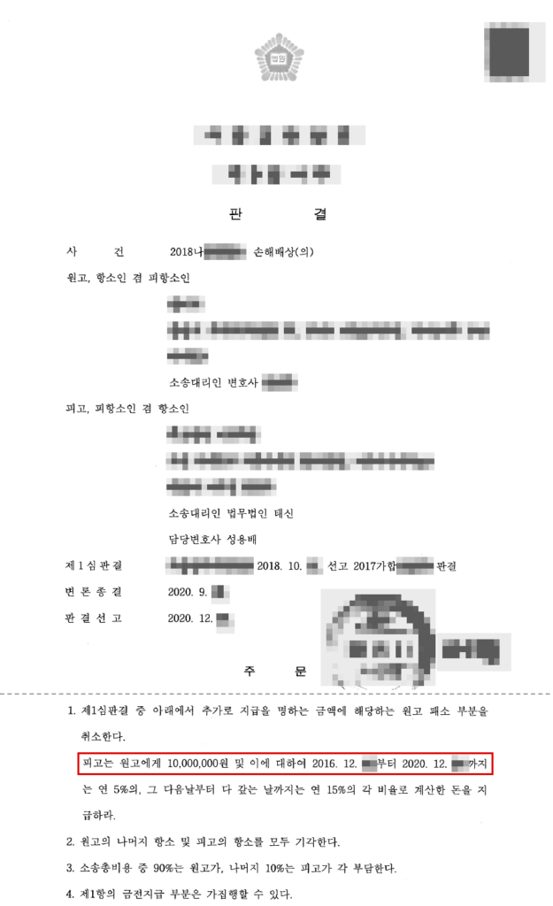 항소심 청구 약 1억 9,800만 원 중 위자료 2,000만 원 인정(진료상 과실 불인정, 설명의무 위반만 인정) — 청구액의 약 90% 방어 판결문(개인정보 가림 처리)