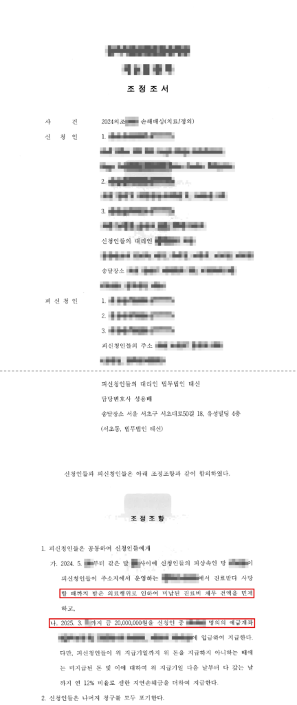 조정신청 약 2억 7,700만 원 → 조정금 2,000만 원 지급·미납 진료비 면제로 조정 성립(현금 기준 신청액의 약 93% 방어) 결정문(개인정보 가림 처리)