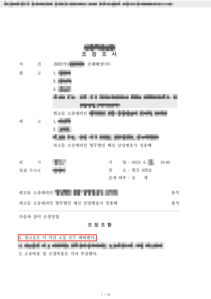 청구 약 2억 5천만 원 → 조정 성립으로 소 전부 취하(지급액 없음, 청구금액의 100% 방어) 결정문(개인정보 가림 처리)