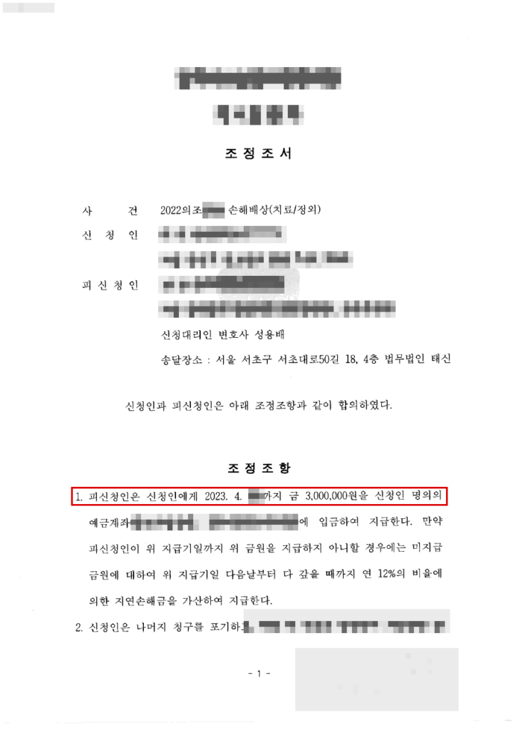 청구 3천만 원대 중 300만 원으로 조정 성립(청구금액의 90% 이상 방어) 결정문(개인정보 가림 처리)