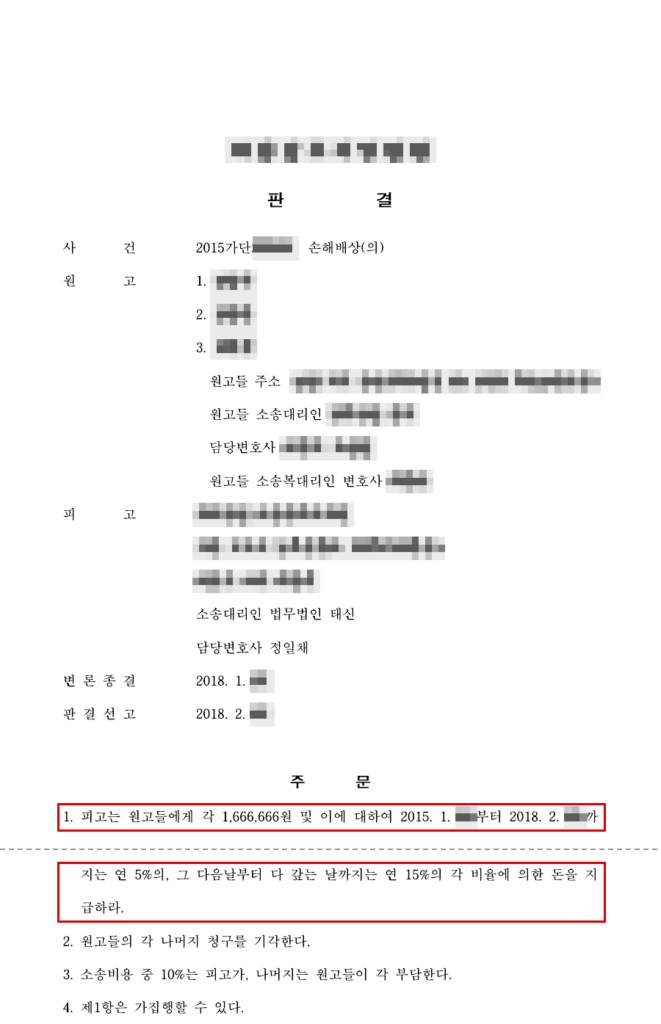 청구 9,000만 원 중 약 500만 원 인정(골절 후 조치 지연에 따른 망인 위자료만) — 청구액의 약 94% 방어 판결문(개인정보 가림 처리)