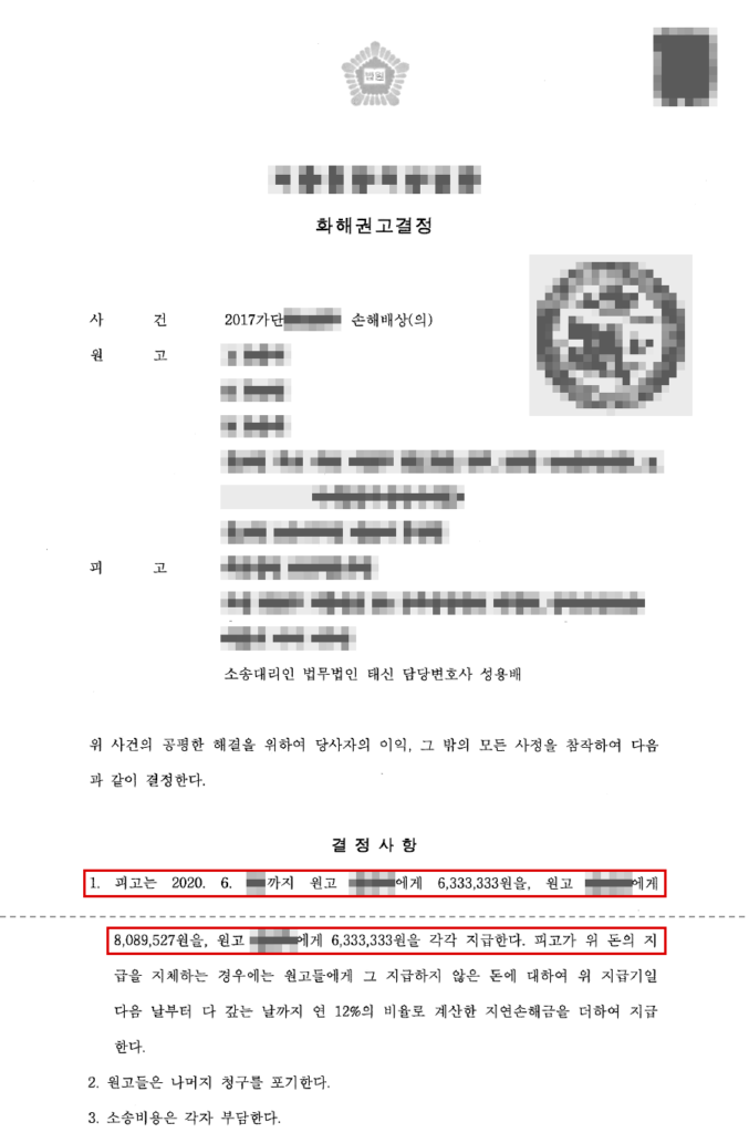 유족 청구 합계 약 1억 900만 원 → 화해권고결정 합계 약 2,100만 원(결정 계산표상 병원 책임 25%), 청구금액의 약 81% 방어 결정문(개인정보 가림 처리)